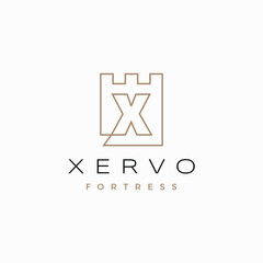 X Letter Castle Fortress Logo Outline Vector Icon Illustration