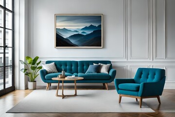 Blue armchair near wooden long coffee table against of white wall with big art canvas poster frame