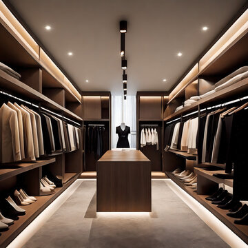 Store clothes with a sober style, Closet - room.	