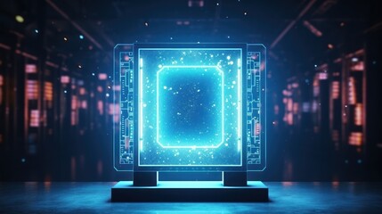 Neon microchips computer technology main cpu board for text mockup. AI generation 