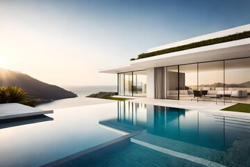 Exterior of modern minimalist white villa with swimming pool. Rich house with round shapes, Generative Ai