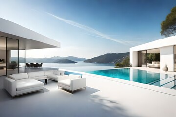 Fototapeta Exterior of modern minimalist white villa with swimming pool. Rich house with round shapes, Generative Ai obraz