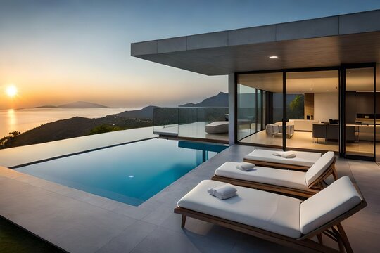 Exterior of modern minimalist cubic villa with swimming pool at sunset, Generative Ai