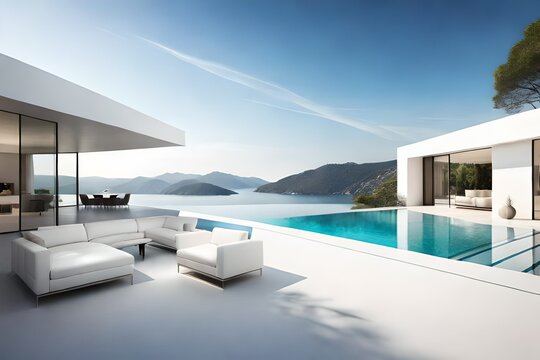 Exterior of modern minimalist white villa with swimming pool. Rich house with round shapes, Generative Ai © DESIRED_PIC