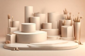 Minimalist product display with cylindrical shapes, neutral tones, soft lighting, and elegant presentation.