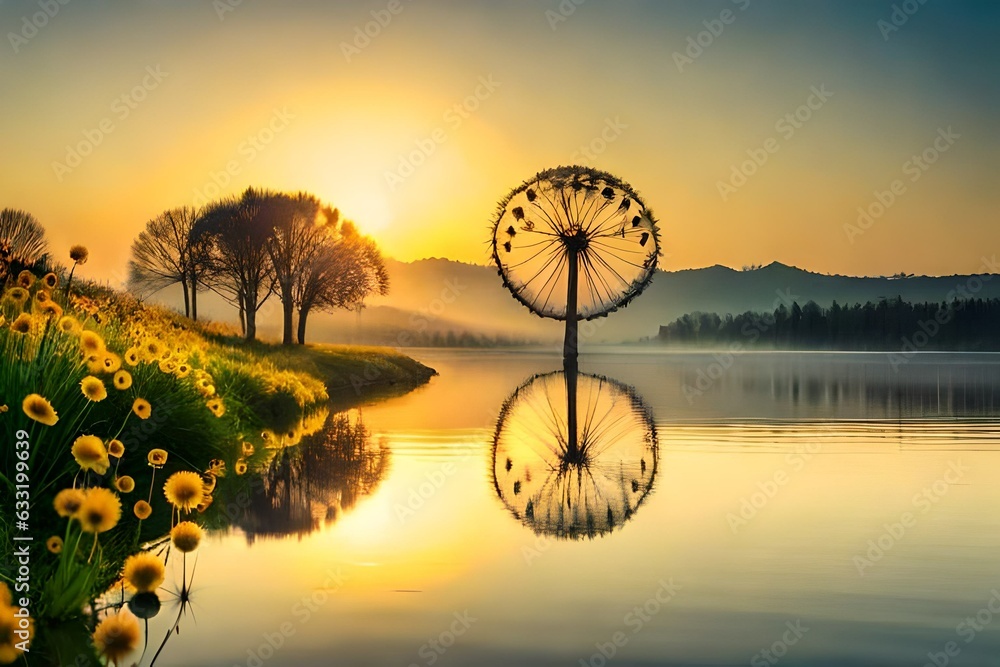 Poster sunset on the field over the lake generated by ai tool