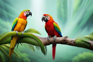 Fototapeta na wymiar Couple of red and green parrot on branch generated by AI tool
