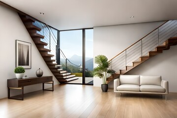 Interior design of modern entrance hall with staircase in villa, Generative Ai
