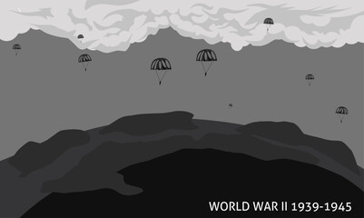 Black and white vector illustration of World War II 1939-1945. aerial battlefield scene
