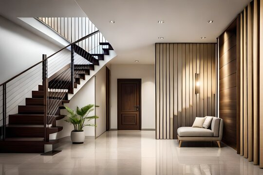 Interior design of modern entrance hall with staircase in villa, Generative Ai