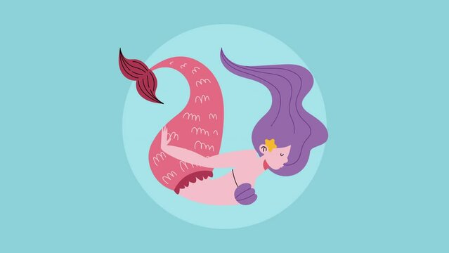 beautiful fairy tale mermaid with purple hair animation