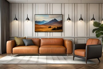 Leather terra cotta sofa near stone tiled wall. Interior design of modern living room, Generative Ai