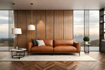 Leather terra cotta sofa near stone tiled wall. Interior design of modern living room, Generative Ai
