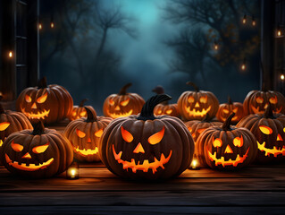 Halloween pumpkins on wooden table in Halloween theme with Generative AI.