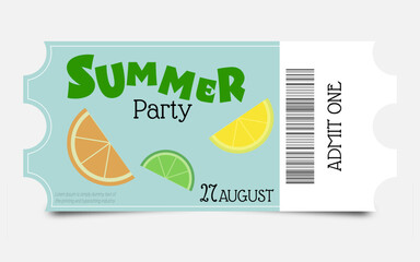 Summer party invitation blue color with citrus, ticket admit one. Vector illustration
