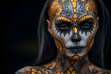 Day of the Dead Woman with Sugar Skull Makeup and Red Roses Generative ai