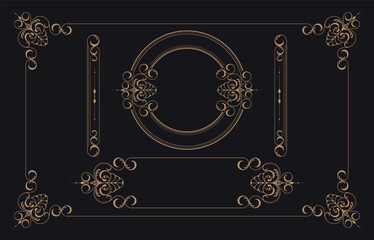 Golden border frame set template with ornamental corner lines and ornament circles inside, vector frame decoration pattern style