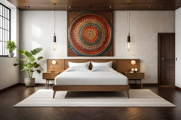 Moroccan wall hanging above wooden bed, Generative Ai