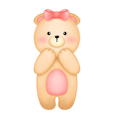 cute little brown bear wearing a pink bow in a standing position element image