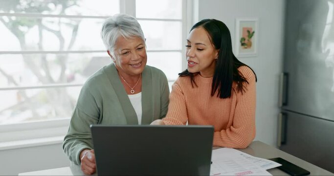 Laptop, finance documents and a daughter talking to her mother about retirement savings or investment. Computer, family and planning with a woman chatting to a senior parent about portfolio growth