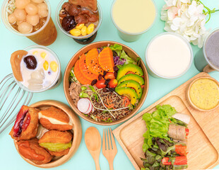 Keto diet plate quinoa, avocado, Beetroots salad with feta cheese, tuna on  background