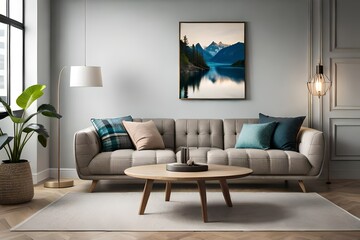 Round wooden coffee table near beige sofa with plaid and cushions, Generative Ai
