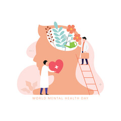 Mental health medical treatment illustration concept with tiny doctor give psychology therapy