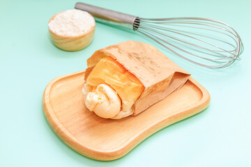 bread brioche with ice cream and caramel. High quality