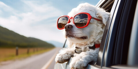 Small dog wearing red sunglasses looking out of the moving car window on the road