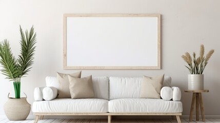 Fototapeta premium Mockup empty frame in farmhouse living room interior. Generative AI