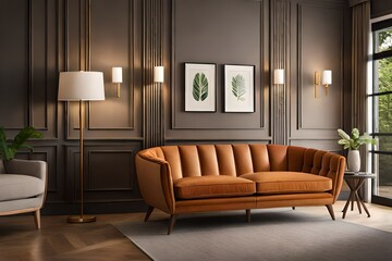 Terra cotta velvet sofa near wainscoting paneling wall, Generative Ai