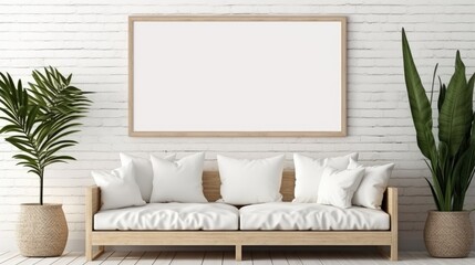 Mockup empty frame in farmhouse living room interior. Generative AI
