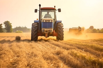 Fototapeta premium farmer in farmland, workers in the field, agriculture environment and green field, combine harvester