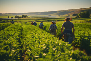 Fototapeta premium farmer in farmland, workers in the field, agriculture environment and green field, combine harvester