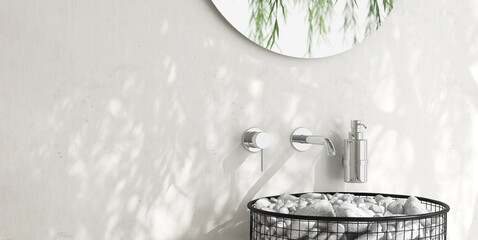 Black steel mesh bin wash basin with white rocks, soap dispenser, chrome faucet, round mirror in sunlight, leaf shadow on cement wall, floor for interior design decoration product background 3D