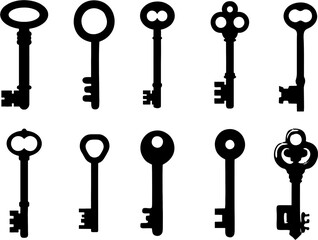 Old ornate classical  key vector icon set isolated on white background. Editable, easy to change color or size. eps 10.
