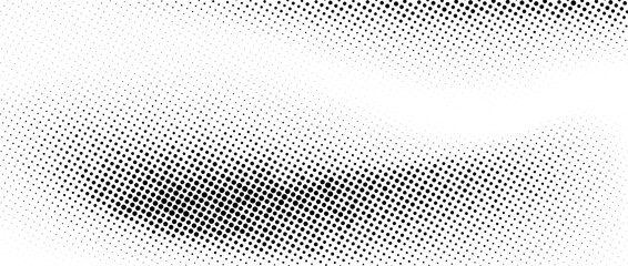 Halftone faded wavy gradient texture. Grunge dirty speckles and spots background. White and black uneven sand grain wallpaper. Retro pixelated comic cartoon vector backdrop. 