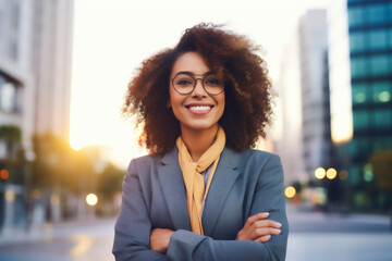 Happy black woman CEO standing on a street of a city. Concept of diversity, empowerment and success
