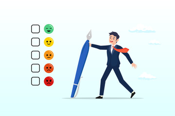 Man holding pencil thinking about experience and giving rating on questionnaire with happy, neutral and angry faces, customer rating, feedback from consumer for liking product and service (Vector)