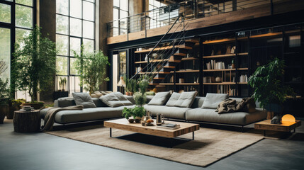Living room loft in industrial style. Generative AI