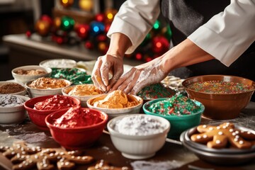 process of baking and decorating gingerbread men - obrazy, fototapety, plakaty
