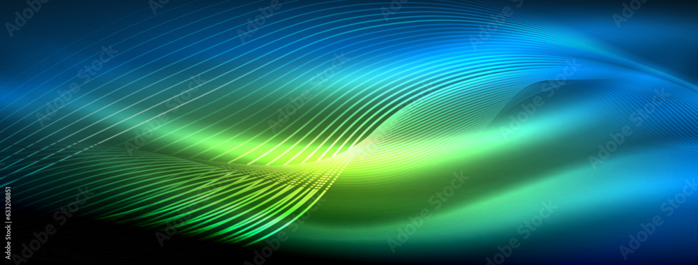 Poster Glowing neon wave abstract background - vibrant, luminescent waves pulsate in a captivating and electrifying display