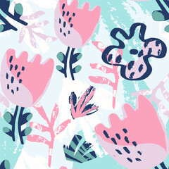 Abstract floral seamless pattern. Summer hand drawn tropical flower. Simple abstract organic shapes.