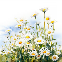 Camomile daisy watercolor background, invitation, greeting card with field flowers and field daisies. Hand drawn floral illustration.