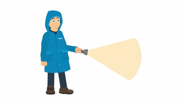 Man with a flashlight. Animation of a watchman in a raincoat shining a flashlight, alpha channel. Cartoon