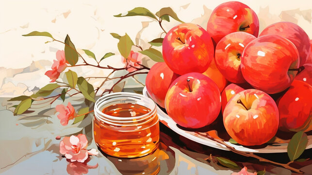 AI generated, Background illustration with copy space, celebration of Rosh Hashanah, the Jewish New Year.  Background illustration with apples and honey. Postcard, invitation, celebration background.