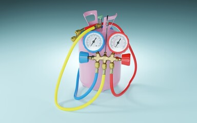 pressure gauges with a freon gas cylinder on a blue background. 3d render