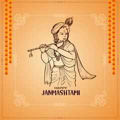 Fototapeta na wymiar Happy janmashtami festival card with line art lord krishna design