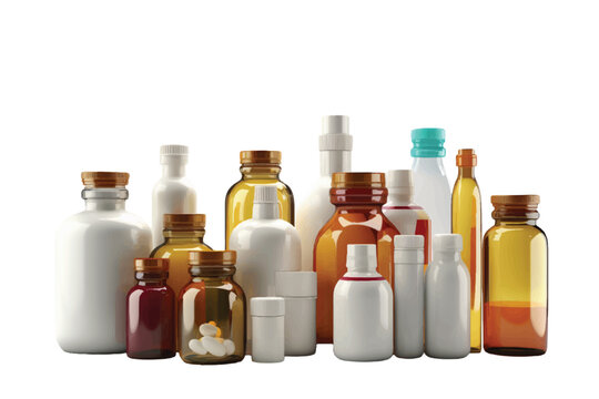 Various meds, glass bottles medicine, Drug medication & supplements collection. Realistic flat style vector illustration