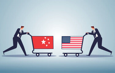Trade Wars, Merchandise Trade Imports and Exports, Foreign Exchange, Global Economy and Trade, Merchants Pushing American Flag Shopping Carts and Merchants Pushing Five Star Red Flag Shopping Carts